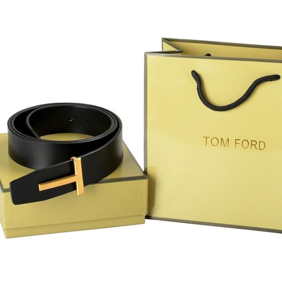 Tom Ford Black Leather Metal T-Buckle Decorated Belt US 38 IT 95